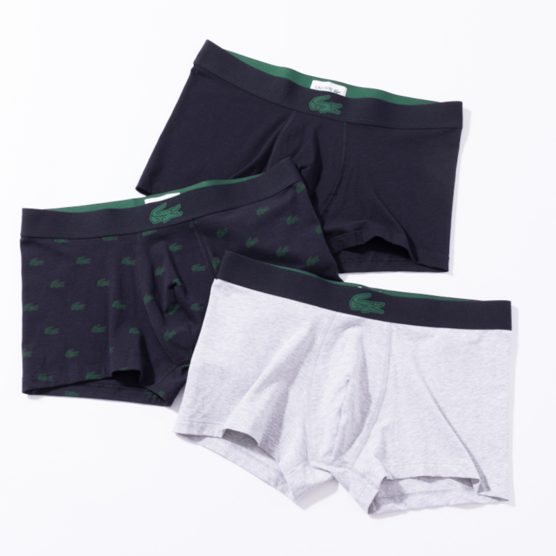 LACOSTE クロコダイルプリントトランクショーツ３パック ネイビー柄/グレー/ブラック