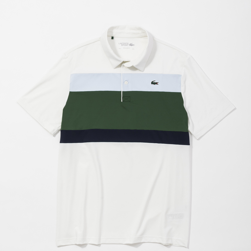 LACOSTE パネルボーダーウルトラドライゴルフポロシャツ ホワイト×グリーン