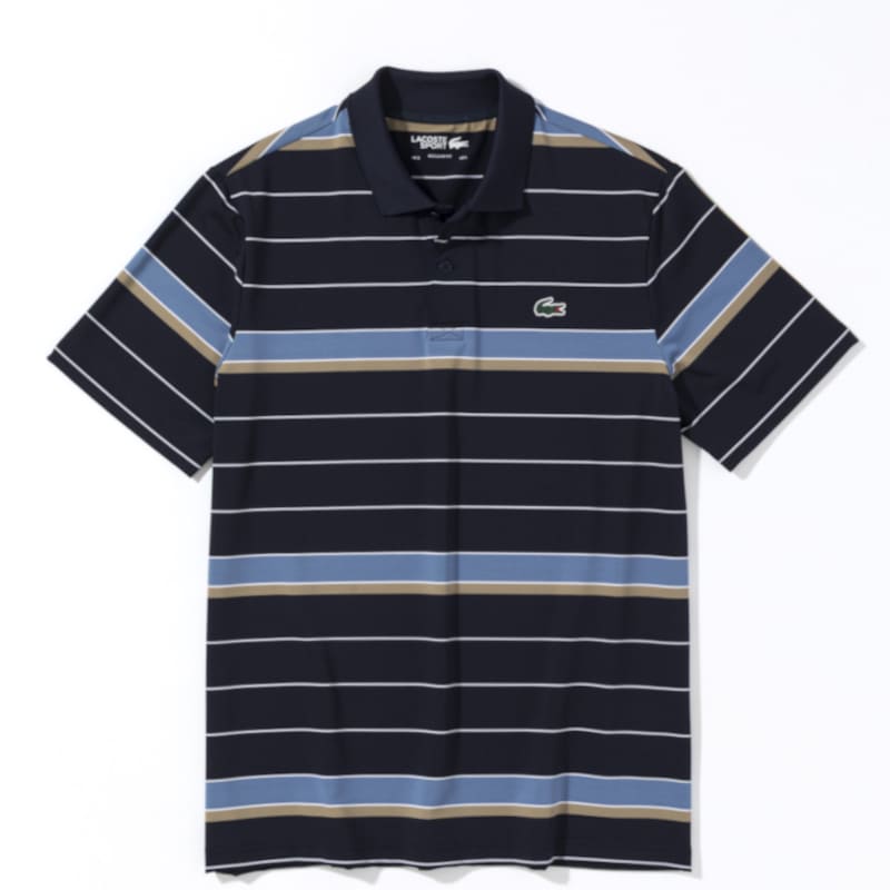 LACOSTE ULTRA DRY PANEL STRIPED GOLF POLO ウルトラドライ パネル配色ボーダー ゴルフポロ ネイビーブルー